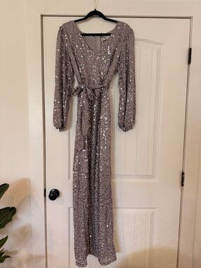 Boohoo Occasion Sequin Wrap Dress in Taupe